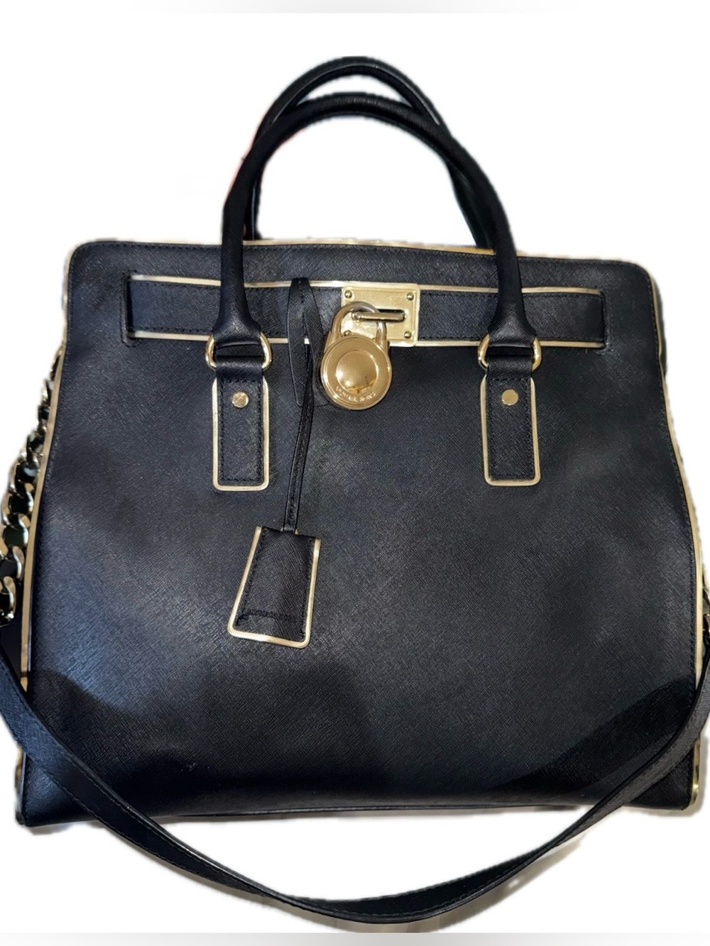 Michael Kors Large Hamilton Black Saffiano Leather Satchel w Gold Hardware EUC